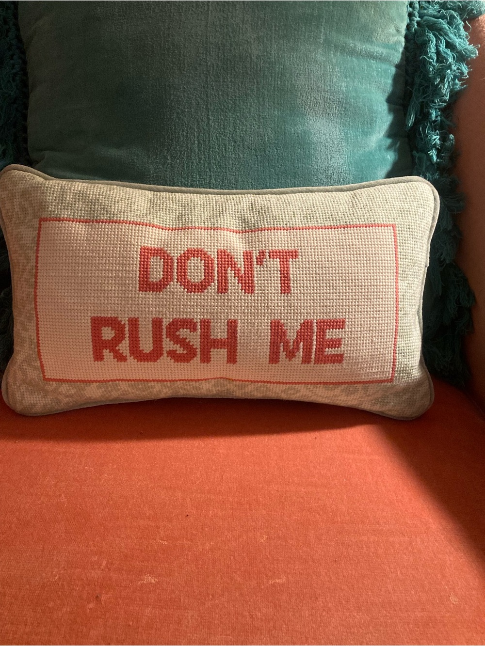 Rachel Zoe Coral Text 'DON'T RUSH ME' Lumbar Pillow on Cream